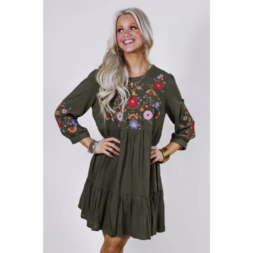 Savanna Jane Boho Embroidered Short Dress 3/4 Sleeves Smoke Gray Cottagecore M